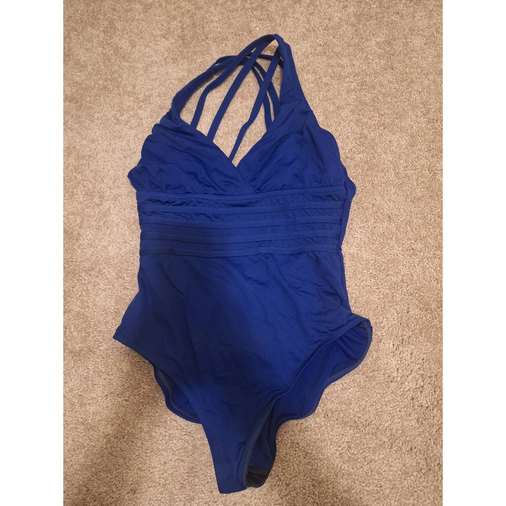La Blanca Womens Royal Blue Strappy Back One Piece Swimsuit Banded Waist Size 8